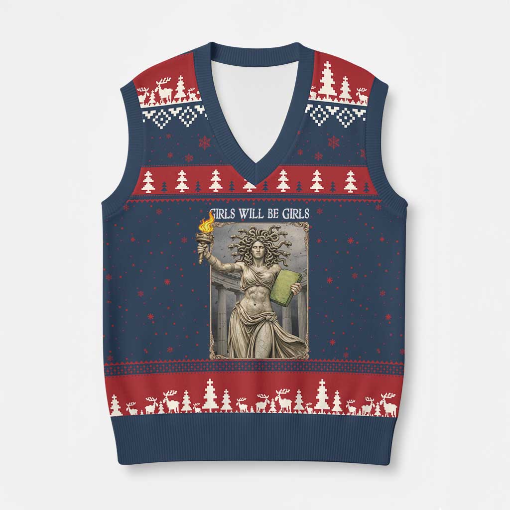Funny Feminist Medusa Statue Of Liberty V-Neck Knit Sweater Vest Girls Will Be Girls