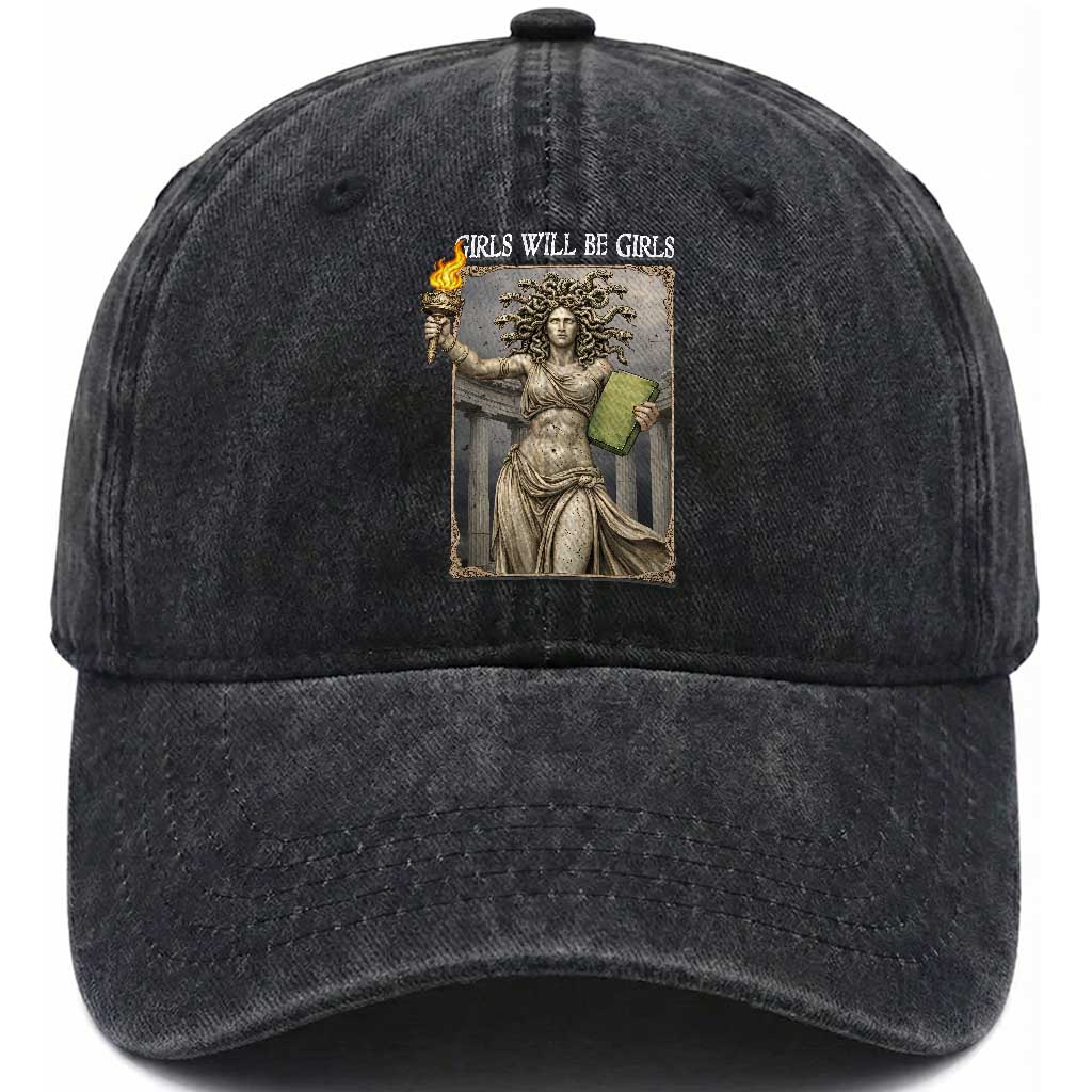 Funny Feminist Medusa Statue Of Liberty Washed Cotton Baseball Cap Girls Will Be Girls