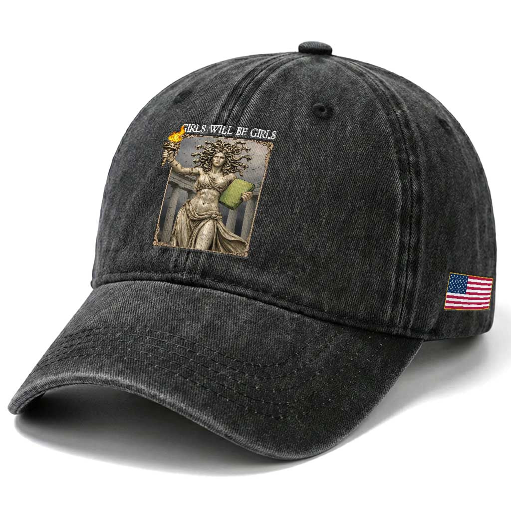 Funny Feminist Medusa Statue Of Liberty Washed Cotton Baseball Cap Girls Will Be Girls