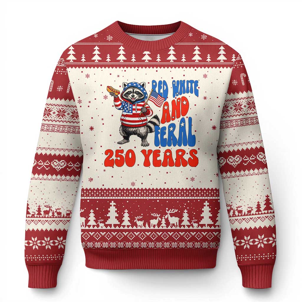 Funny Patriotic Raccoon Ugly Christmas Sweater Red White And Feral 250 Years