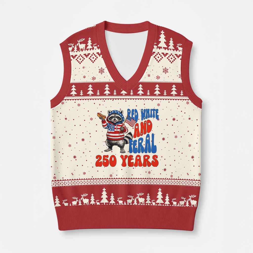 Funny Patriotic Raccoon V-Neck Knit Sweater Vest Red White And Feral 250 Years