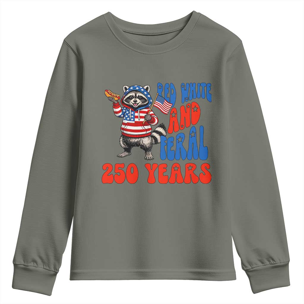 Funny Patriotic Raccoon Youth Sweatshirt Red White And Feral 250 Years