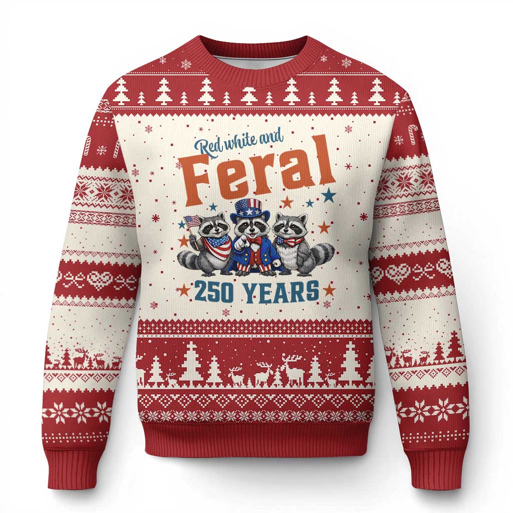 Funny Raccoon Red White And Feral America 250 Ugly Christmas Sweater