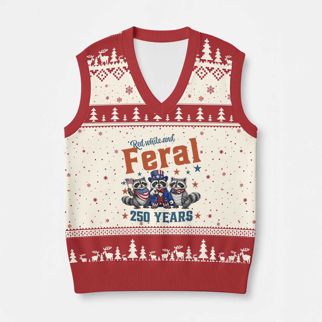 Funny Raccoon Red White And Feral America 250 V-Neck Knit Sweater Vest
