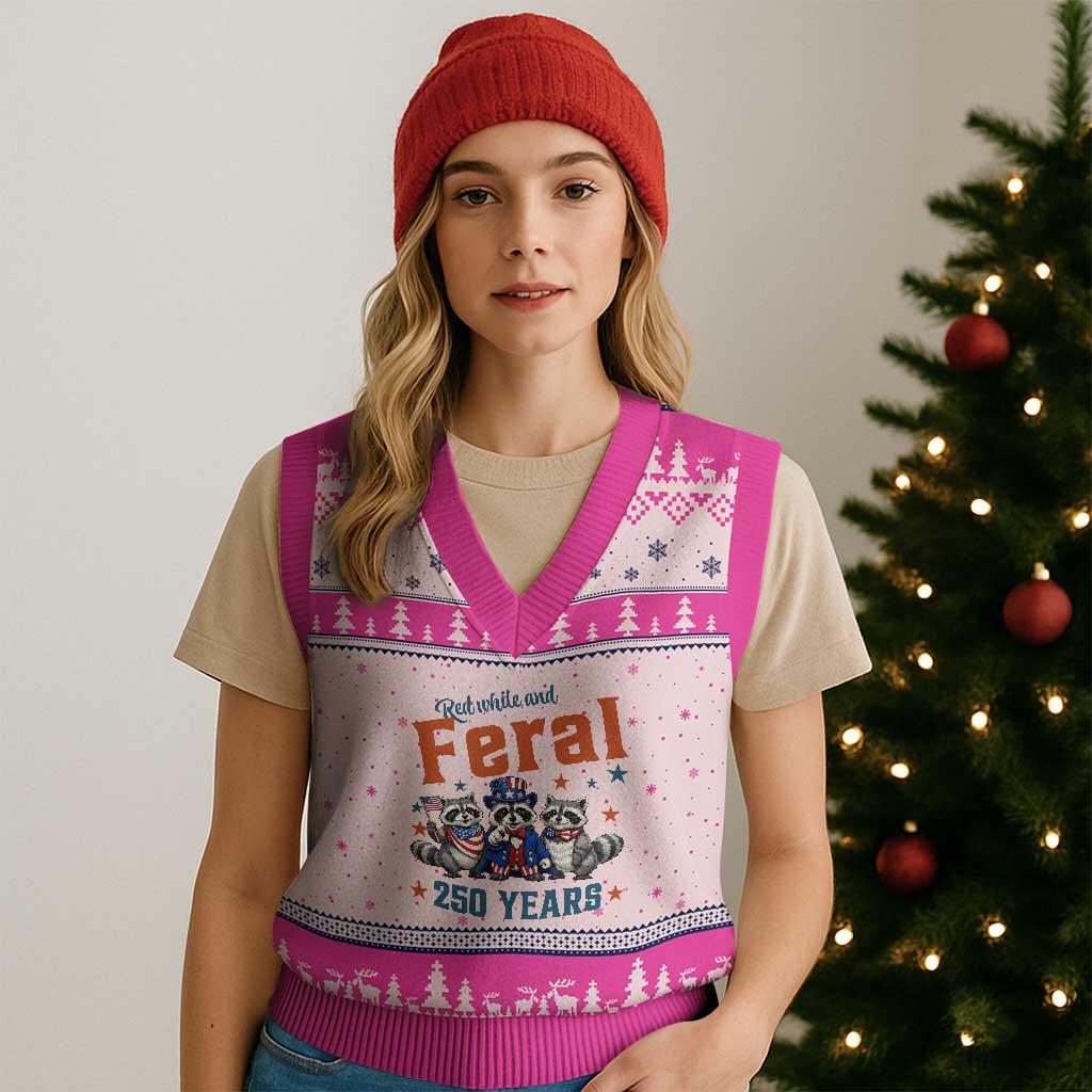 Funny Raccoon Red White And Feral America 250 V-Neck Knit Sweater Vest
