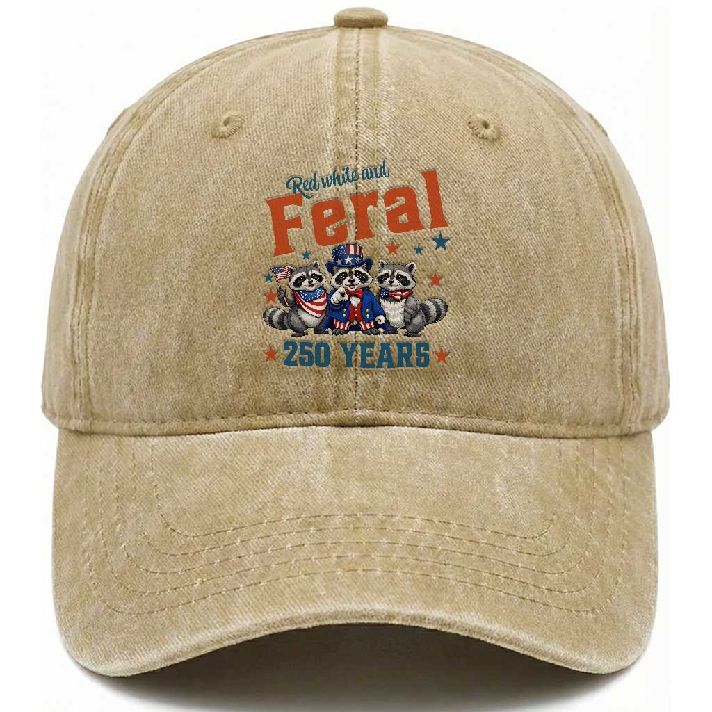 Funny Raccoon Red White And Feral America 250 Washed Cotton Baseball Cap
