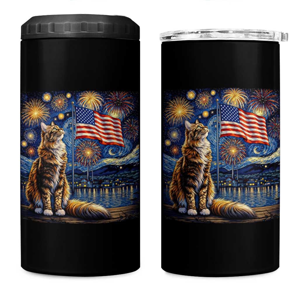Patriotic Starry Night Cat 4 in 1 Can Cooler Tumbler Cat Lover Gift