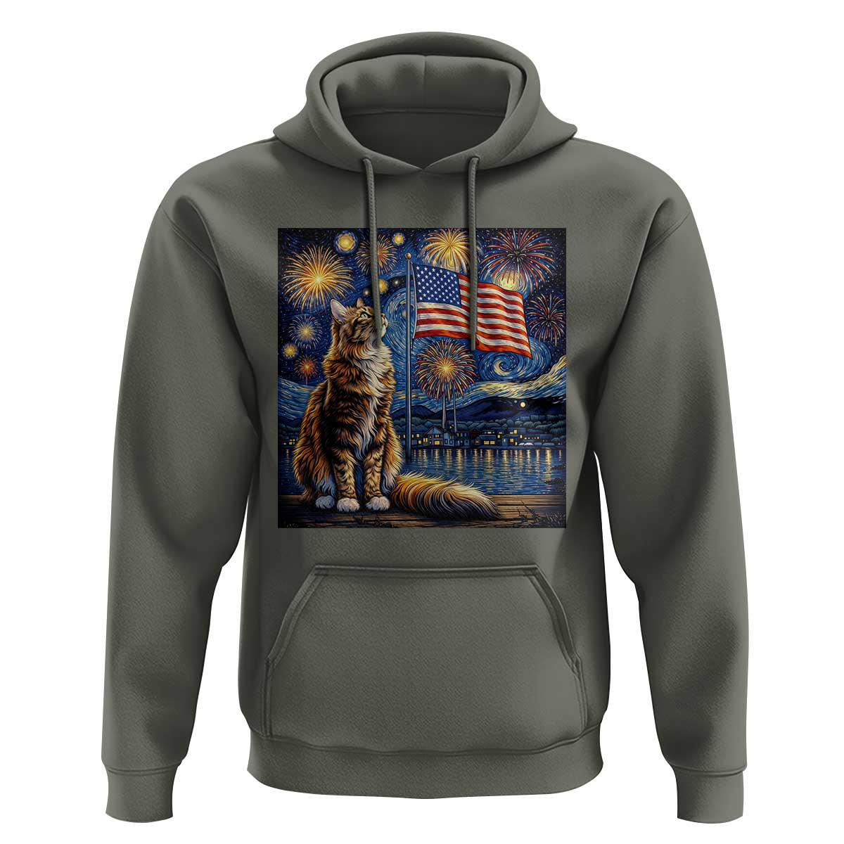 Patriotic Starry Night Cat Hoodie Cat Lover Gift