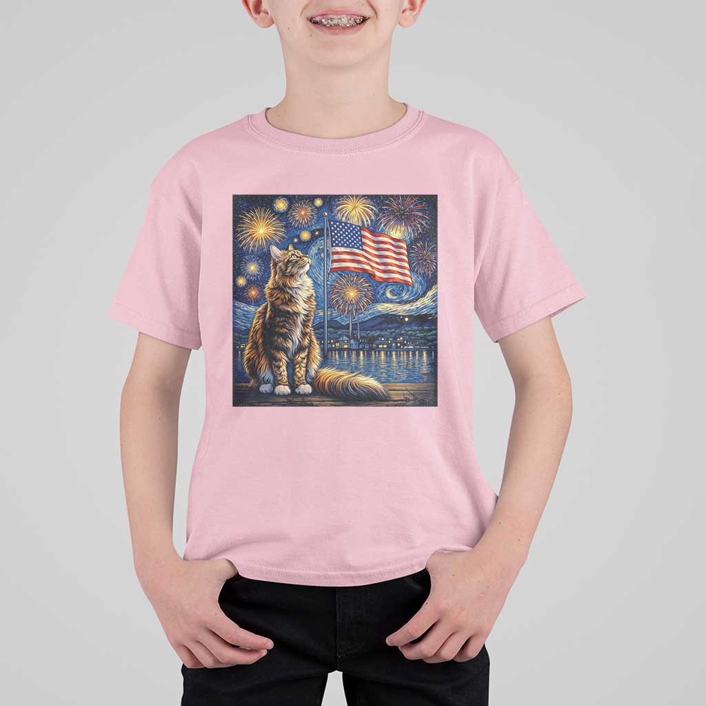 Patriotic Starry Night Cat T Shirt For Kid Cat Lover Gift