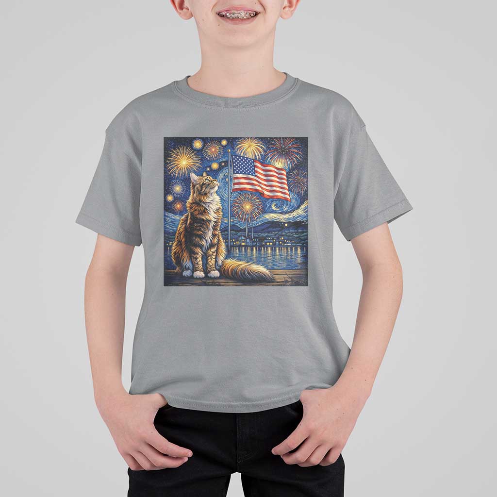 Patriotic Starry Night Cat T Shirt For Kid Cat Lover Gift