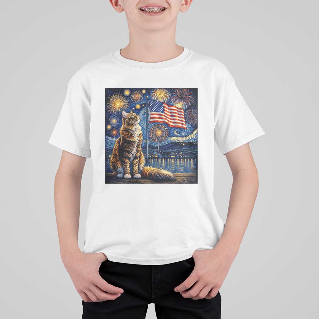 Patriotic Starry Night Cat T Shirt For Kid Cat Lover Gift