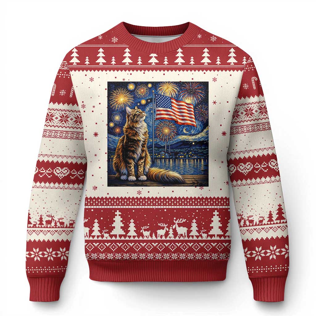 Patriotic Starry Night Cat Ugly Christmas Sweater Cat Lover Gift