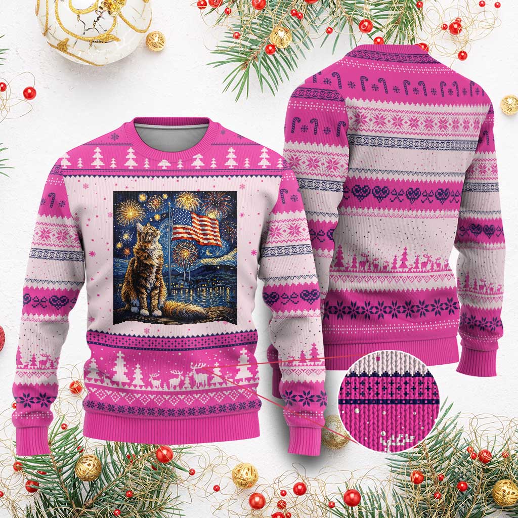 Patriotic Starry Night Cat Ugly Christmas Sweater Cat Lover Gift