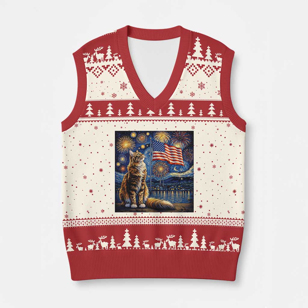 Patriotic Starry Night Cat V-Neck Knit Sweater Vest Cat Lover Gift