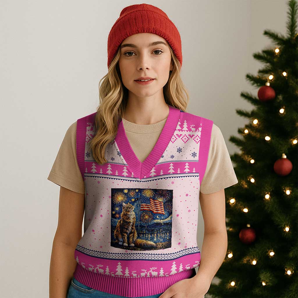 Patriotic Starry Night Cat V-Neck Knit Sweater Vest Cat Lover Gift