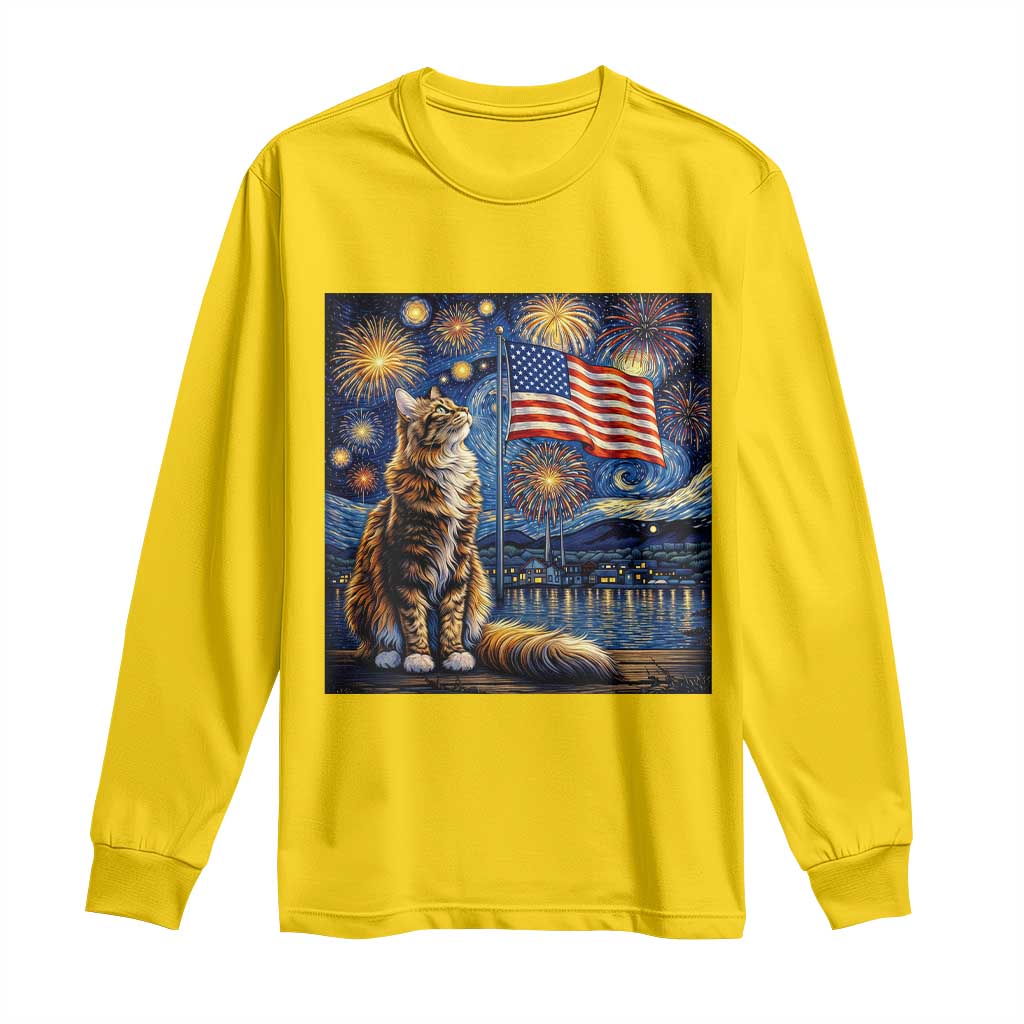 Patriotic Starry Night Cat Long Sleeve Shirt Cat Lover Gift