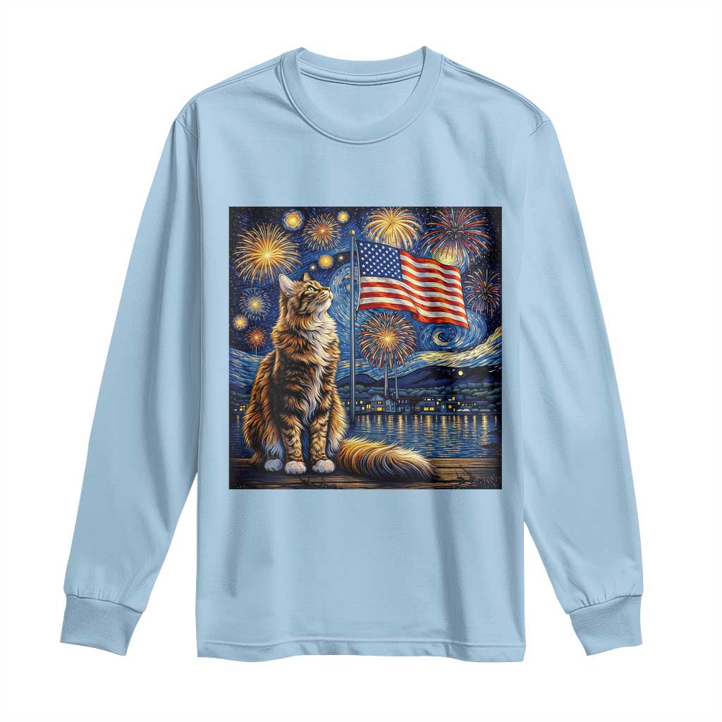 Patriotic Starry Night Cat Long Sleeve Shirt Cat Lover Gift