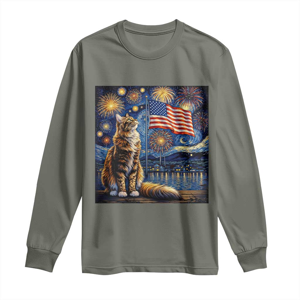 Patriotic Starry Night Cat Long Sleeve Shirt Cat Lover Gift