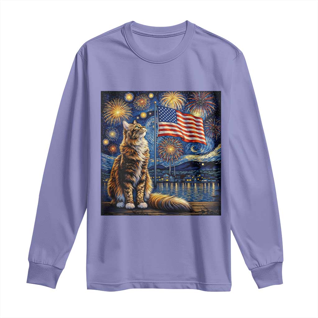 Patriotic Starry Night Cat Long Sleeve Shirt Cat Lover Gift
