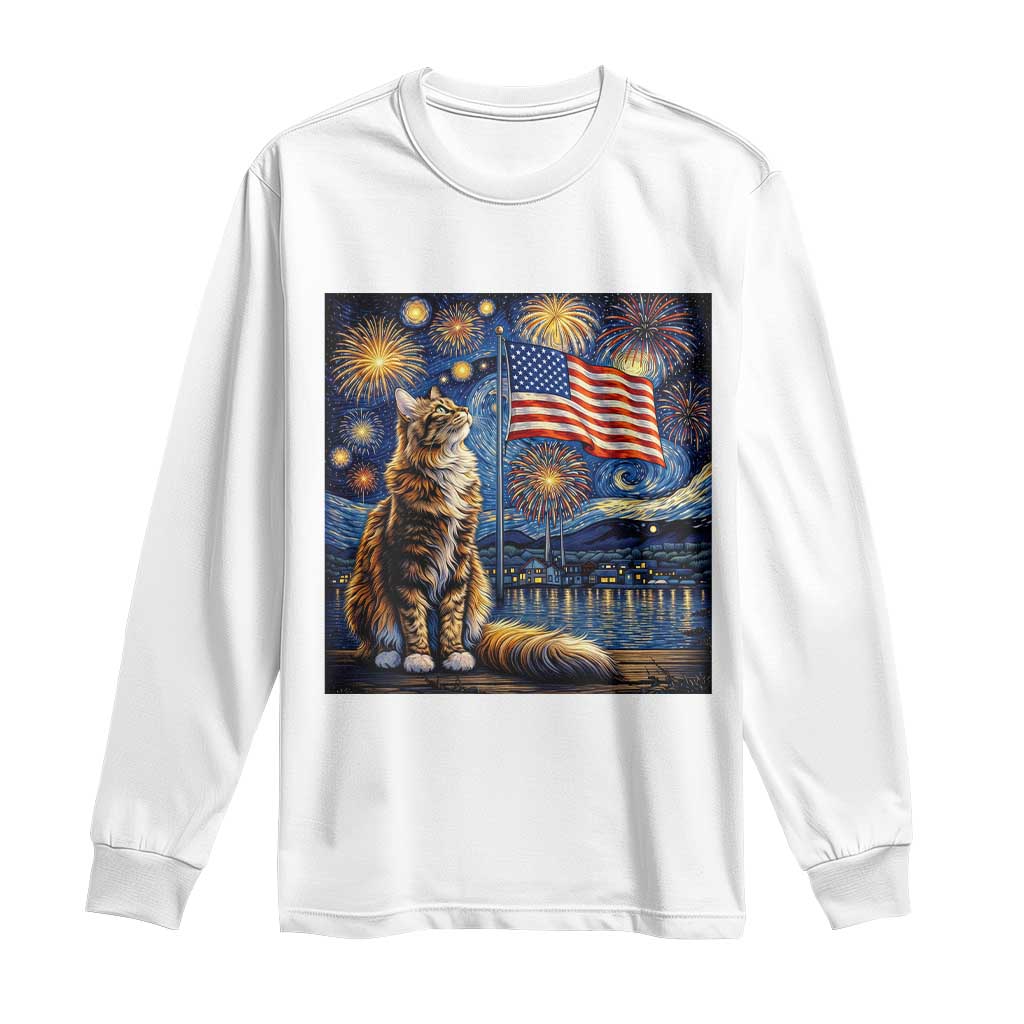 Patriotic Starry Night Cat Long Sleeve Shirt Cat Lover Gift