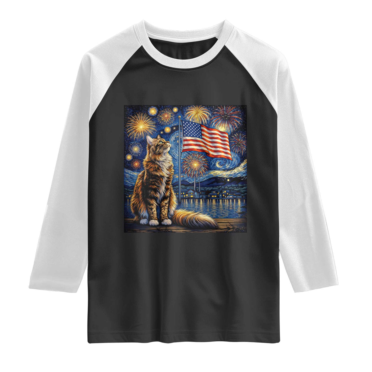 Patriotic Starry Night Cat Raglan Shirt Cat Lover Gift