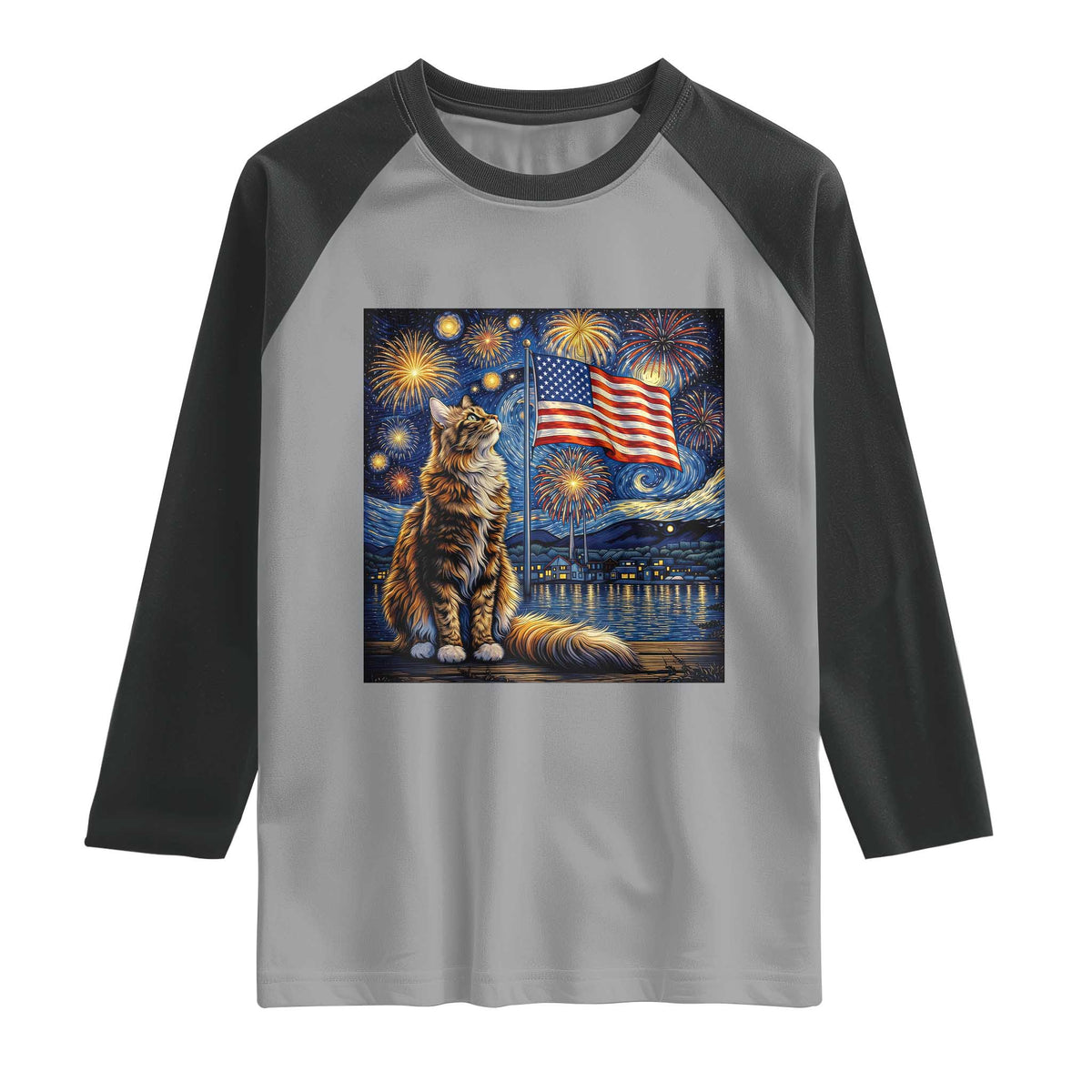 Patriotic Starry Night Cat Raglan Shirt Cat Lover Gift