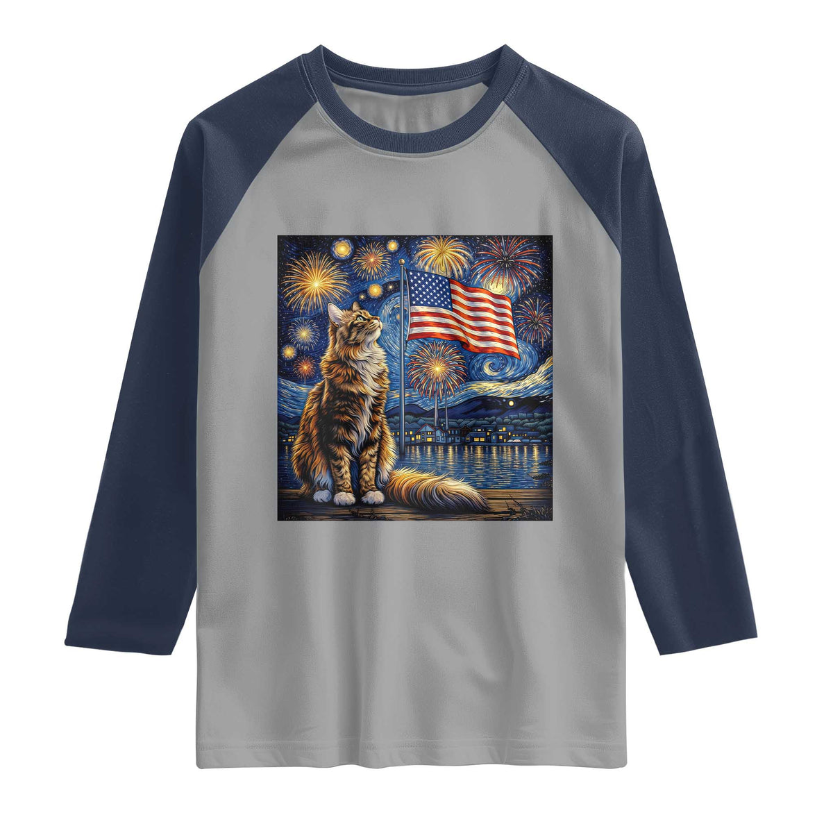 Patriotic Starry Night Cat Raglan Shirt Cat Lover Gift