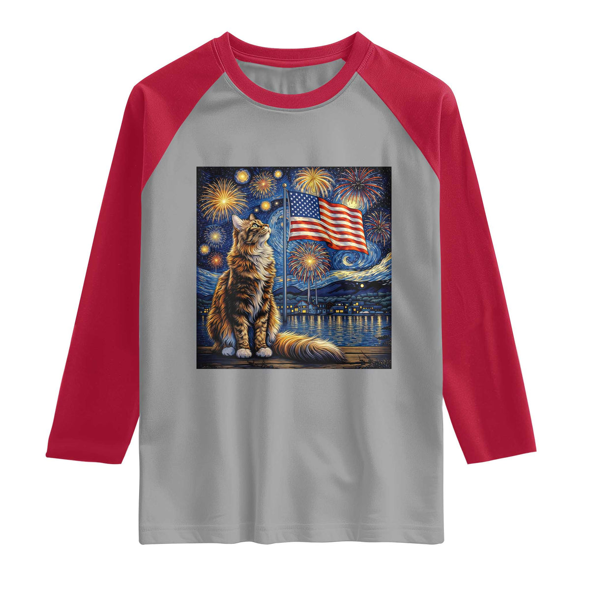 Patriotic Starry Night Cat Raglan Shirt Cat Lover Gift