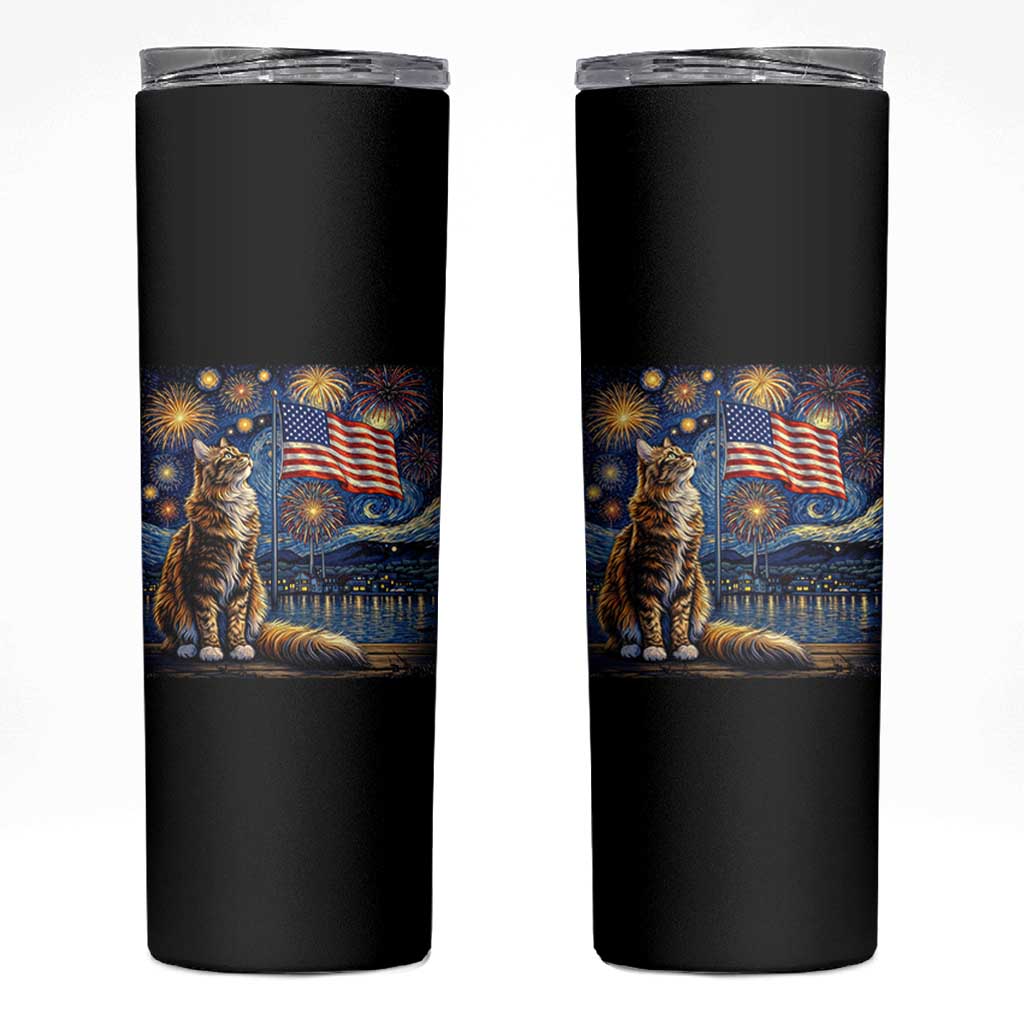Patriotic Starry Night Cat Skinny Tumbler Cat Lover Gift