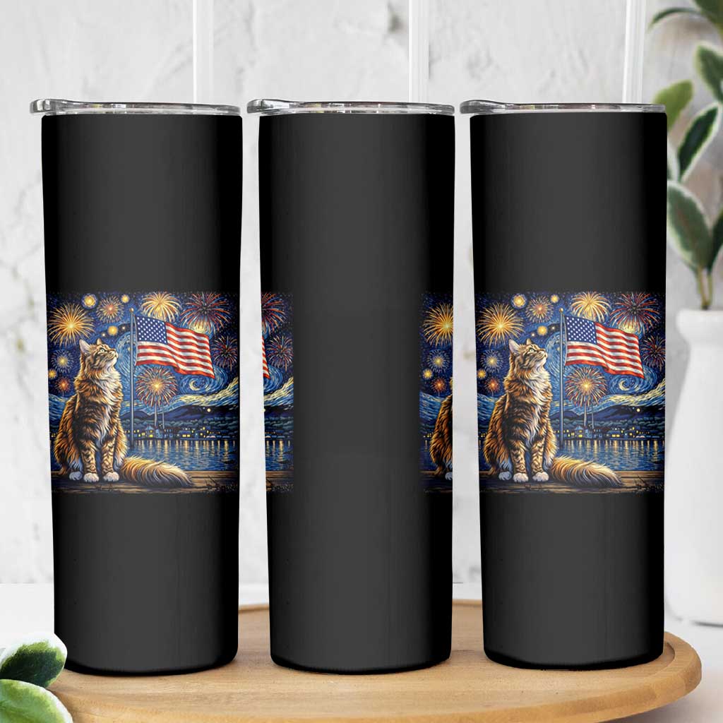 Patriotic Starry Night Cat Skinny Tumbler Cat Lover Gift