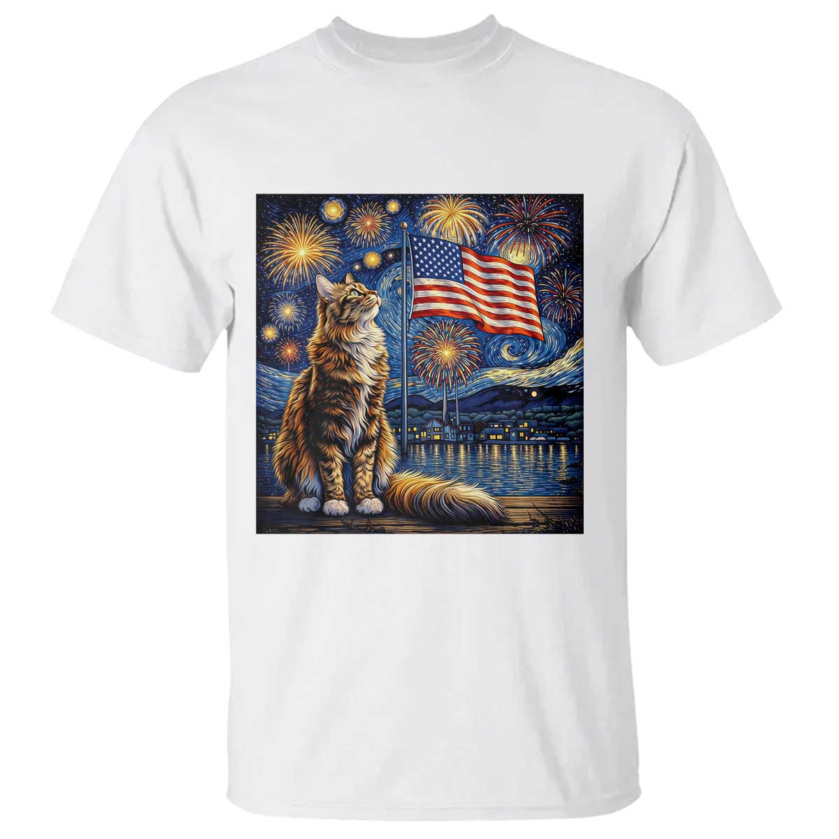 Patriotic Starry Night Cat T Shirt Cat Lover Gift