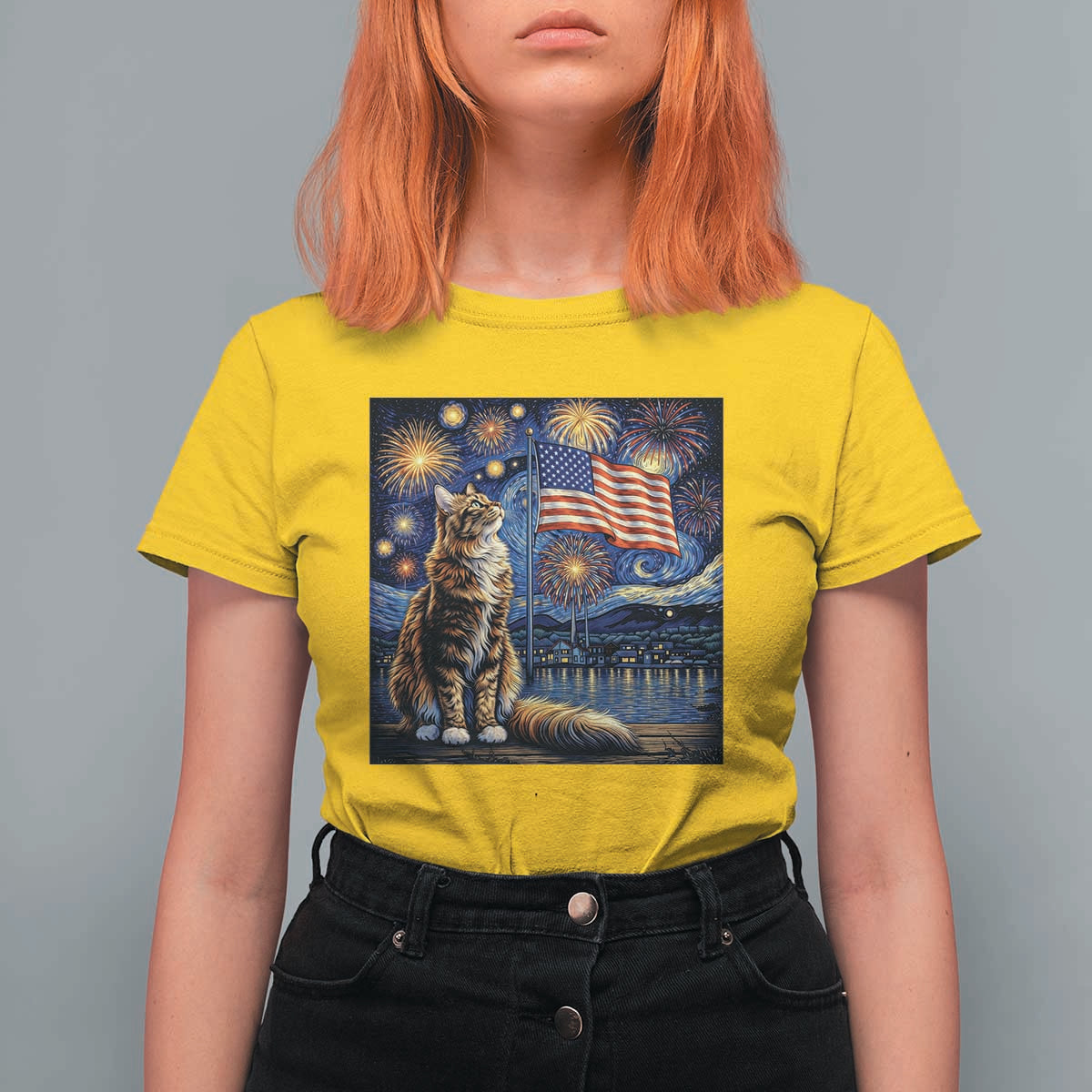 Patriotic Starry Night Cat T Shirt For Women Cat Lover Gift