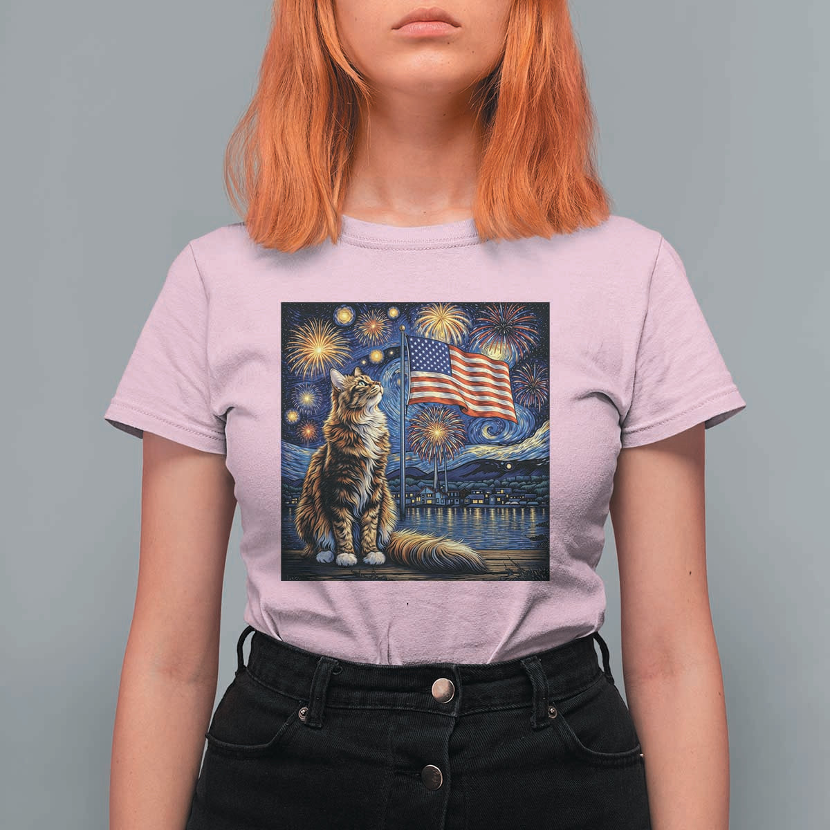 Patriotic Starry Night Cat T Shirt For Women Cat Lover Gift