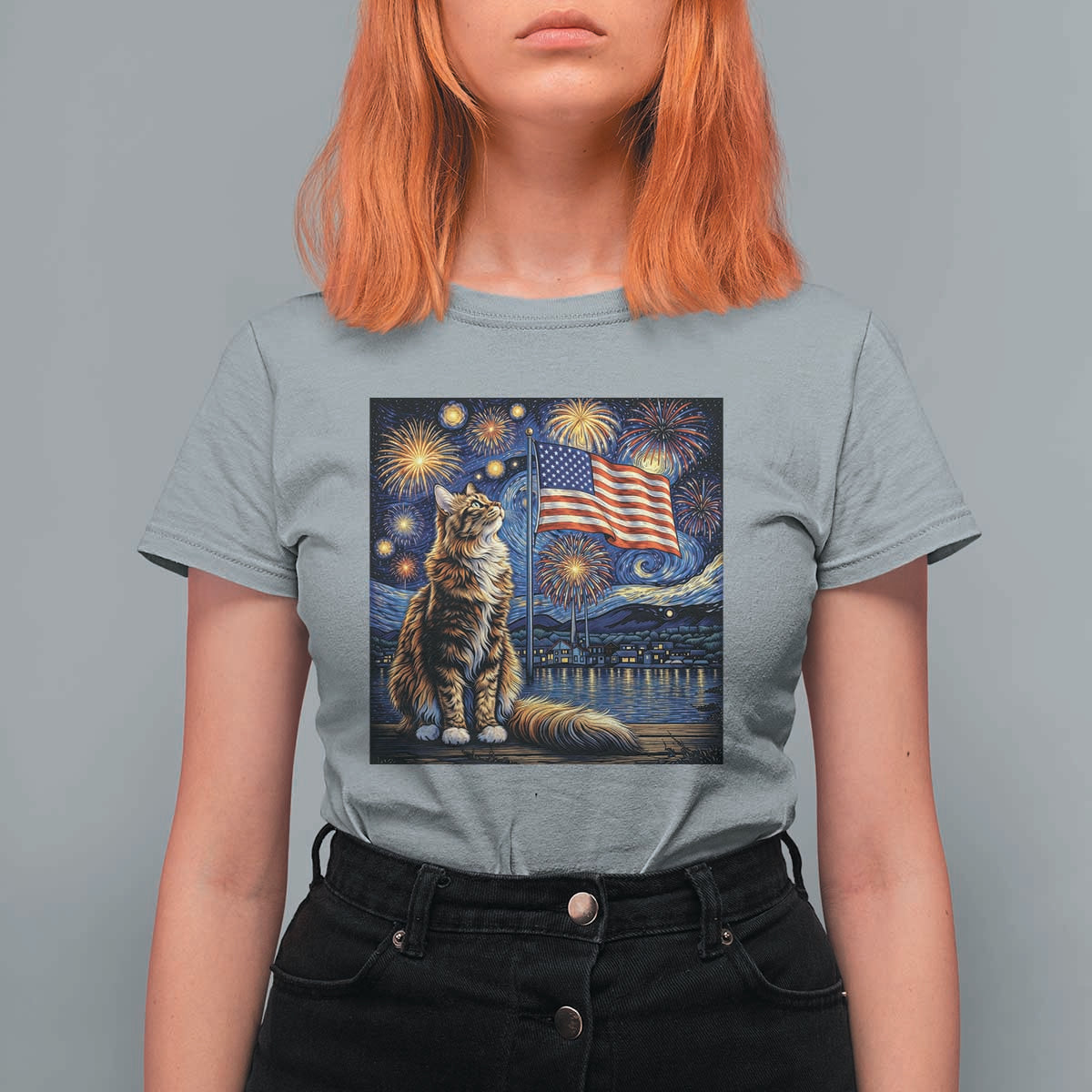 Patriotic Starry Night Cat T Shirt For Women Cat Lover Gift