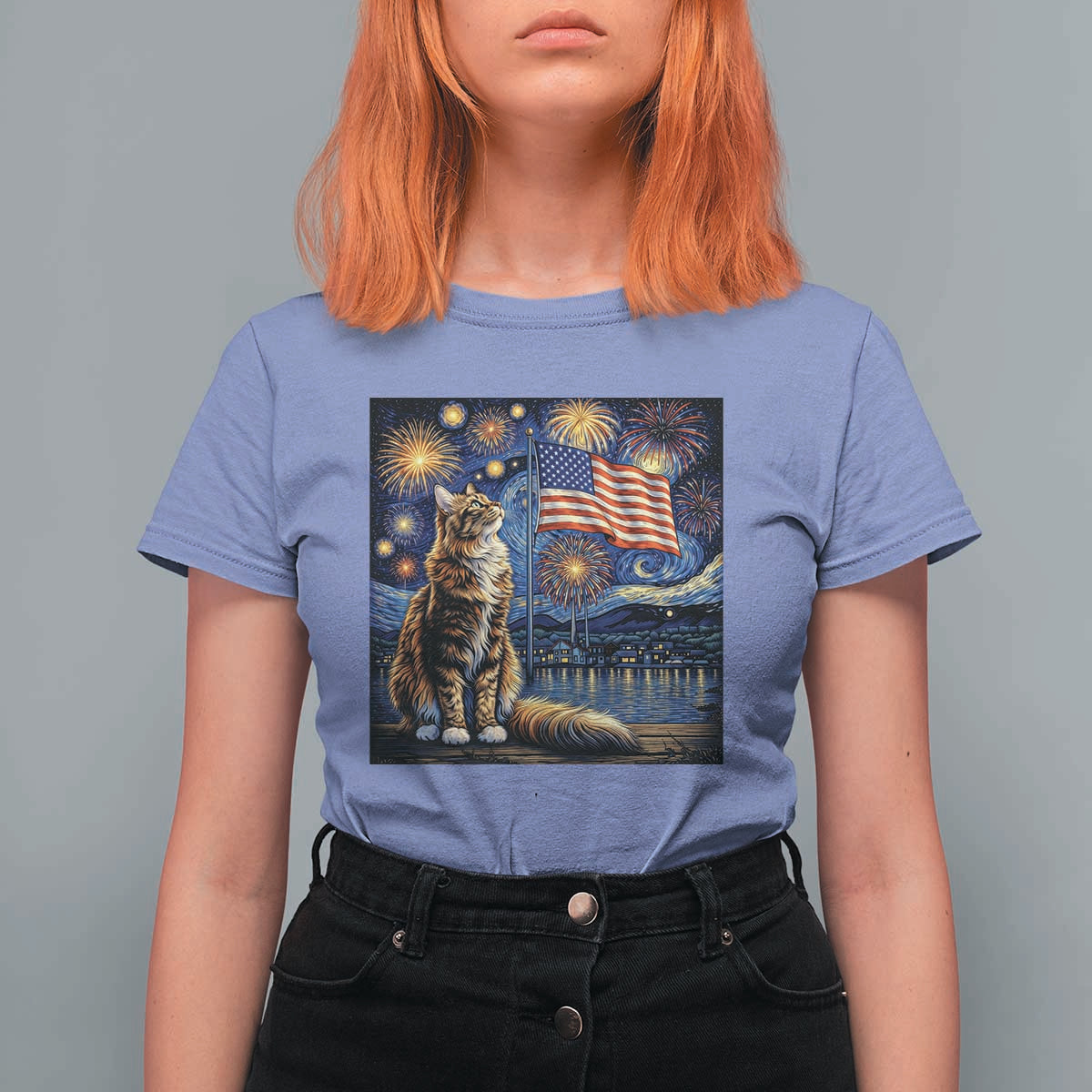 Patriotic Starry Night Cat T Shirt For Women Cat Lover Gift