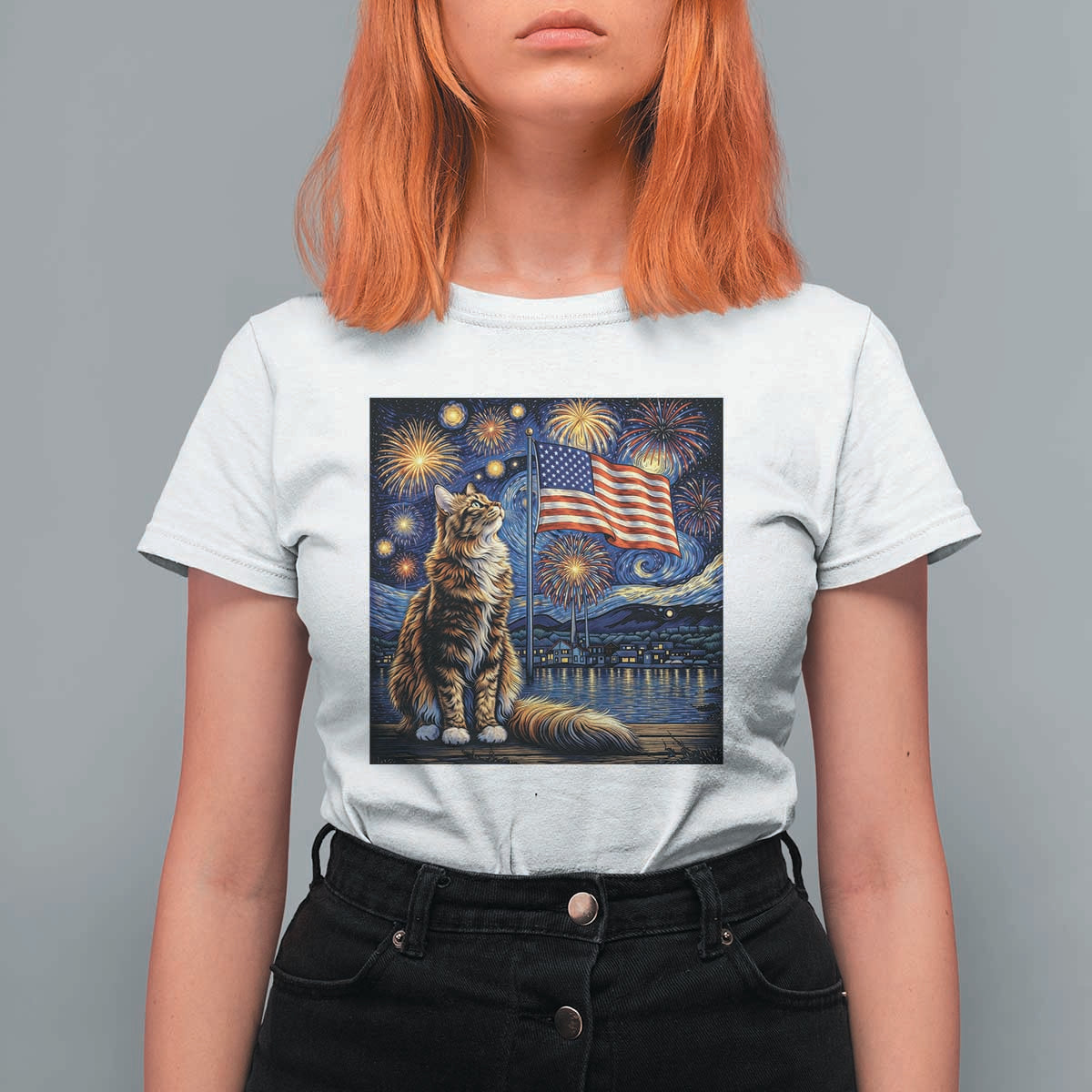 Patriotic Starry Night Cat T Shirt For Women Cat Lover Gift