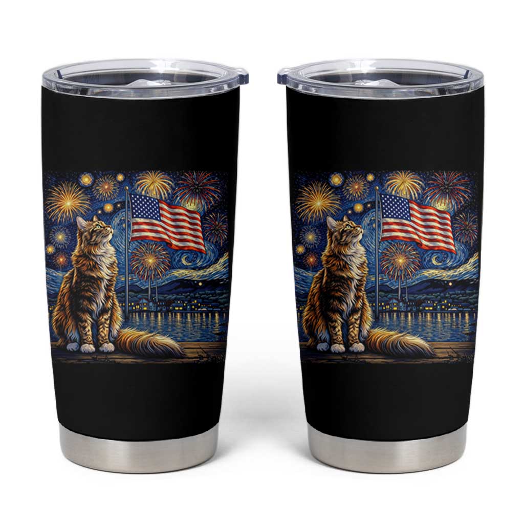 Patriotic Starry Night Cat Tumbler Cup Cat Lover Gift