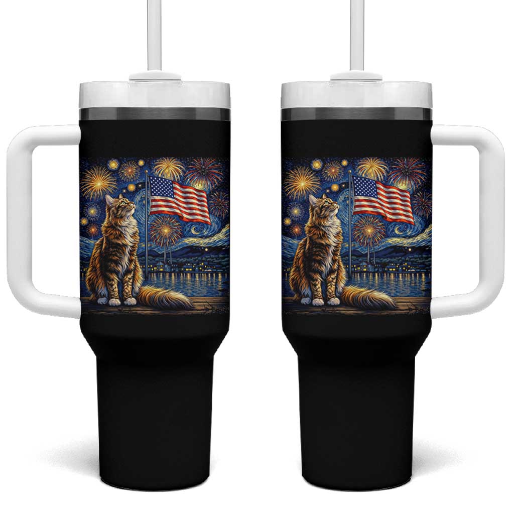 Patriotic Starry Night Cat Tumbler With Handle Cat Lover Gift