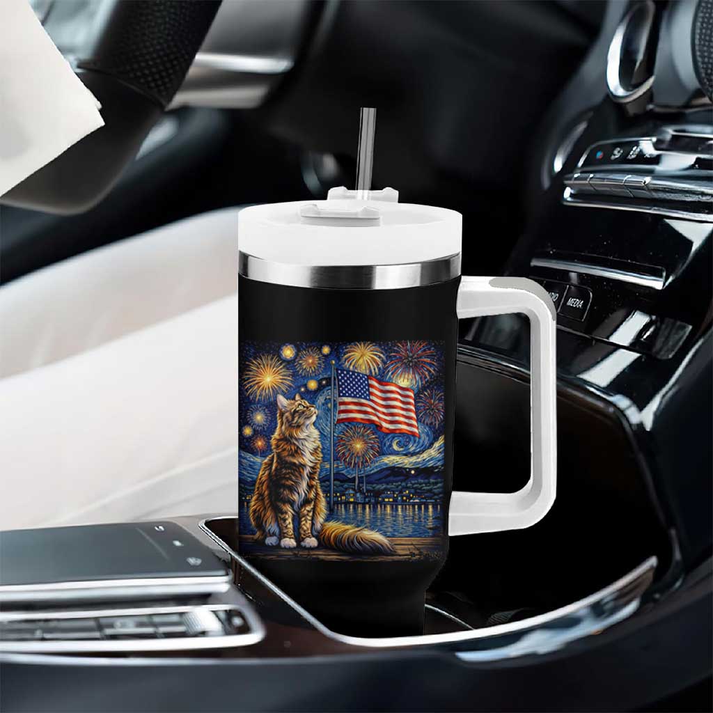 Patriotic Starry Night Cat Tumbler With Handle Cat Lover Gift