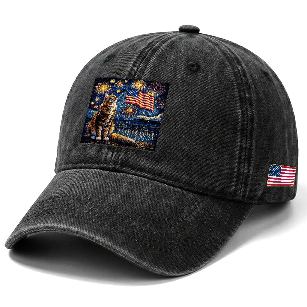 Patriotic Starry Night Cat Washed Cotton Baseball Cap Cat Lover Gift