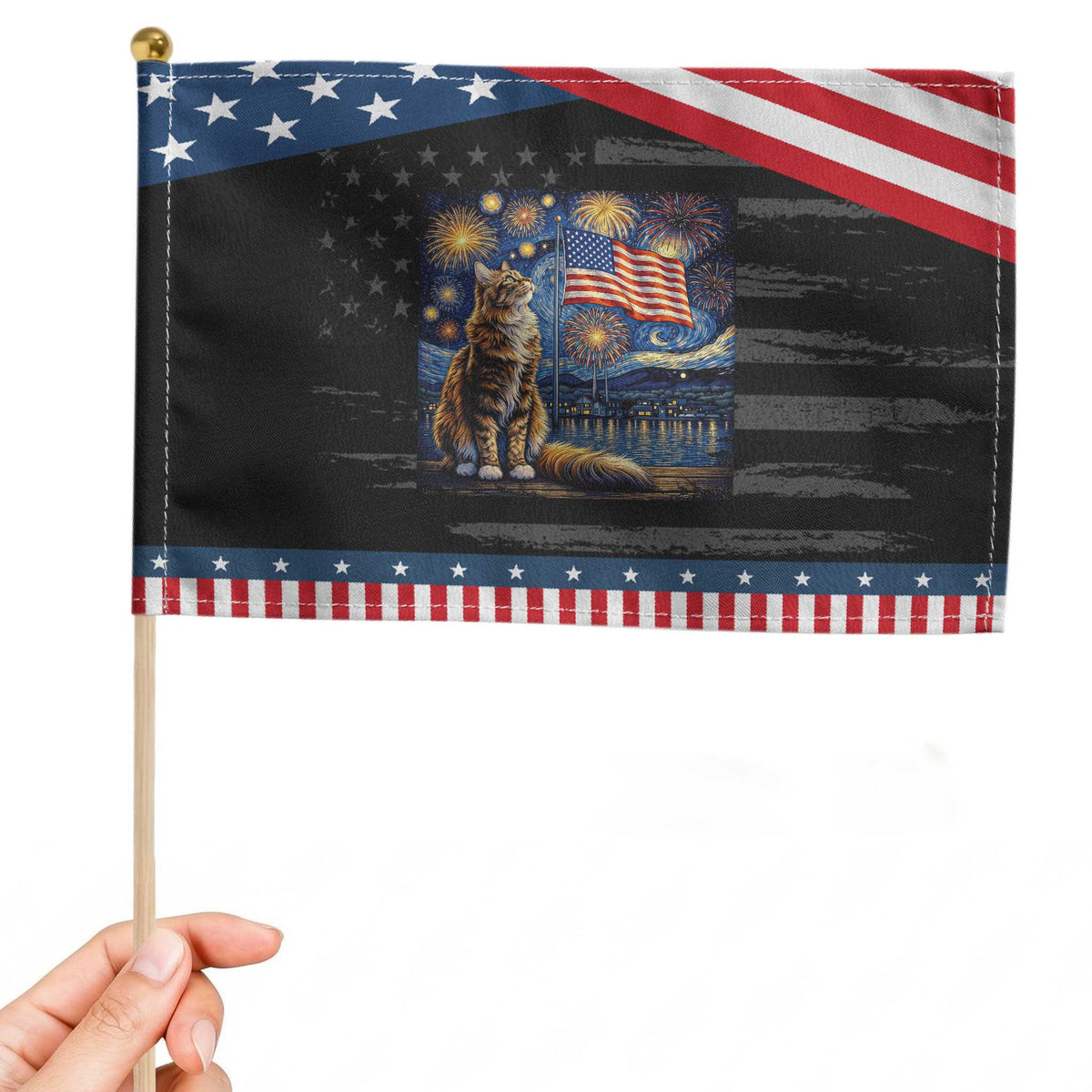 Patriotic Starry Night Cat Patriotic Handheld Flag Cat Lover Gift