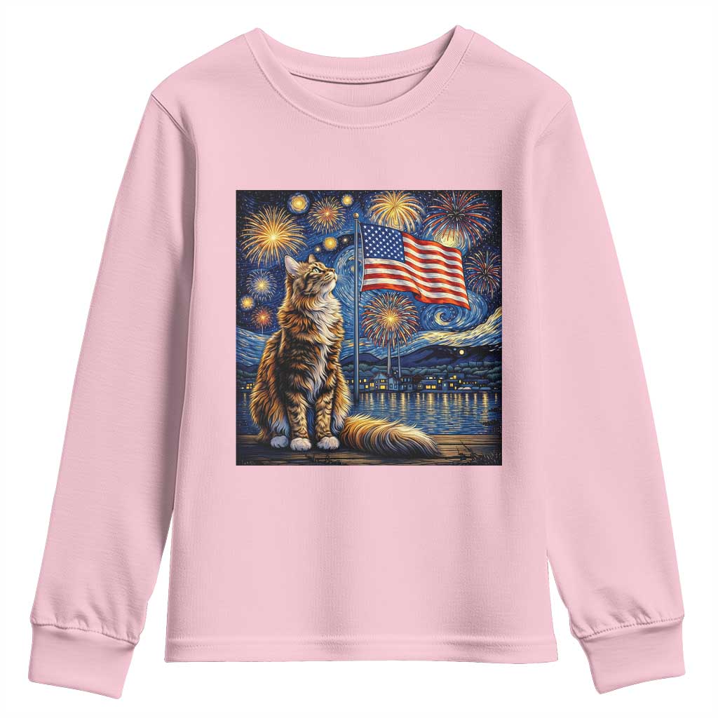 Patriotic Starry Night Cat Youth Sweatshirt Cat Lover Gift