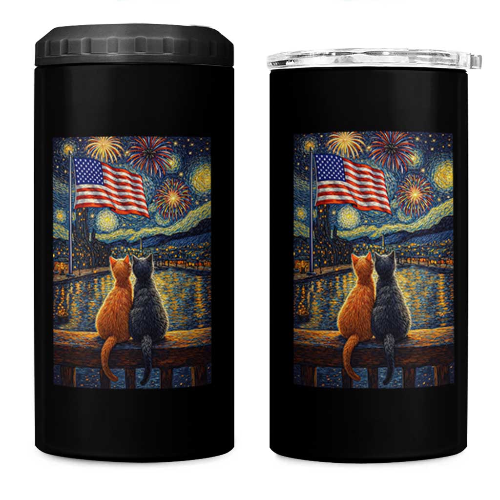 Starry Night Cat Patriotic American Pride 4 in 1 Can Cooler Tumbler