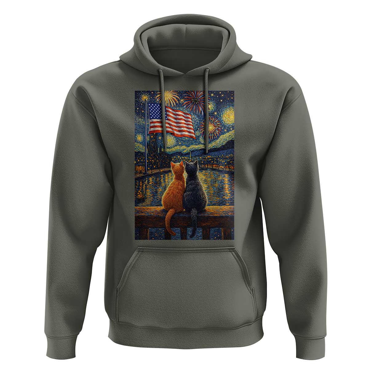 Starry Night Cat Patriotic American Pride Hoodie