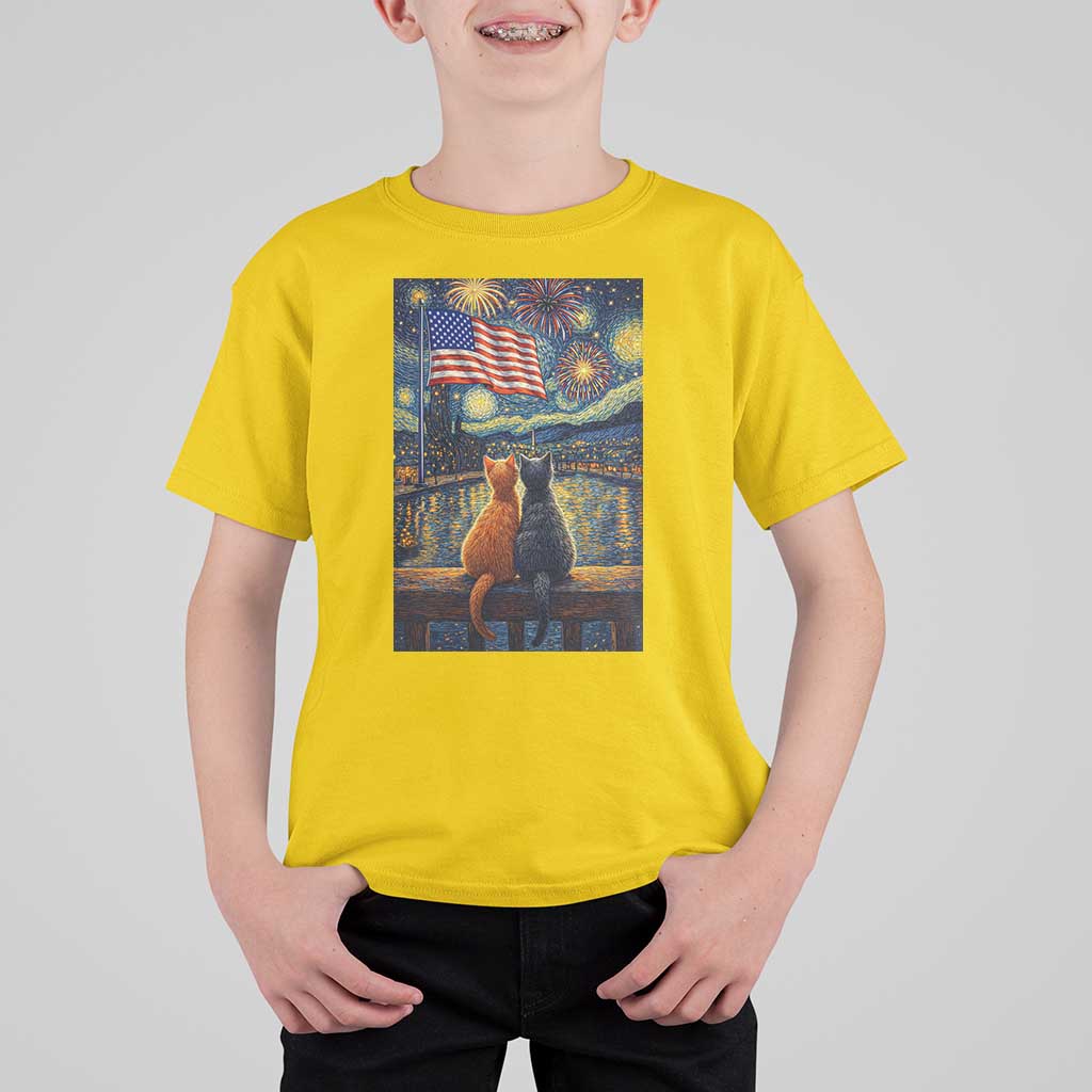 Starry Night Cat Patriotic American Pride T Shirt For Kid