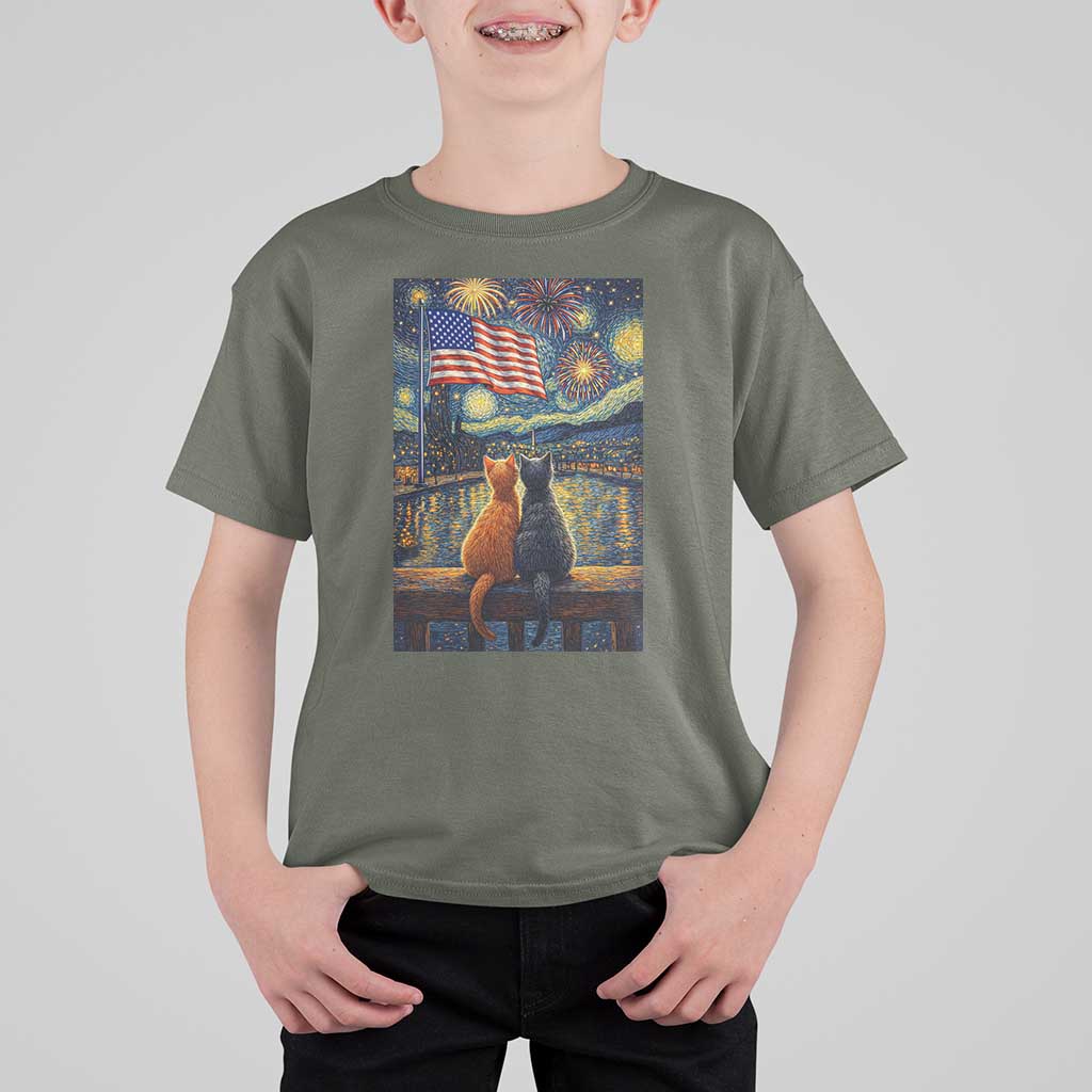 Starry Night Cat Patriotic American Pride T Shirt For Kid