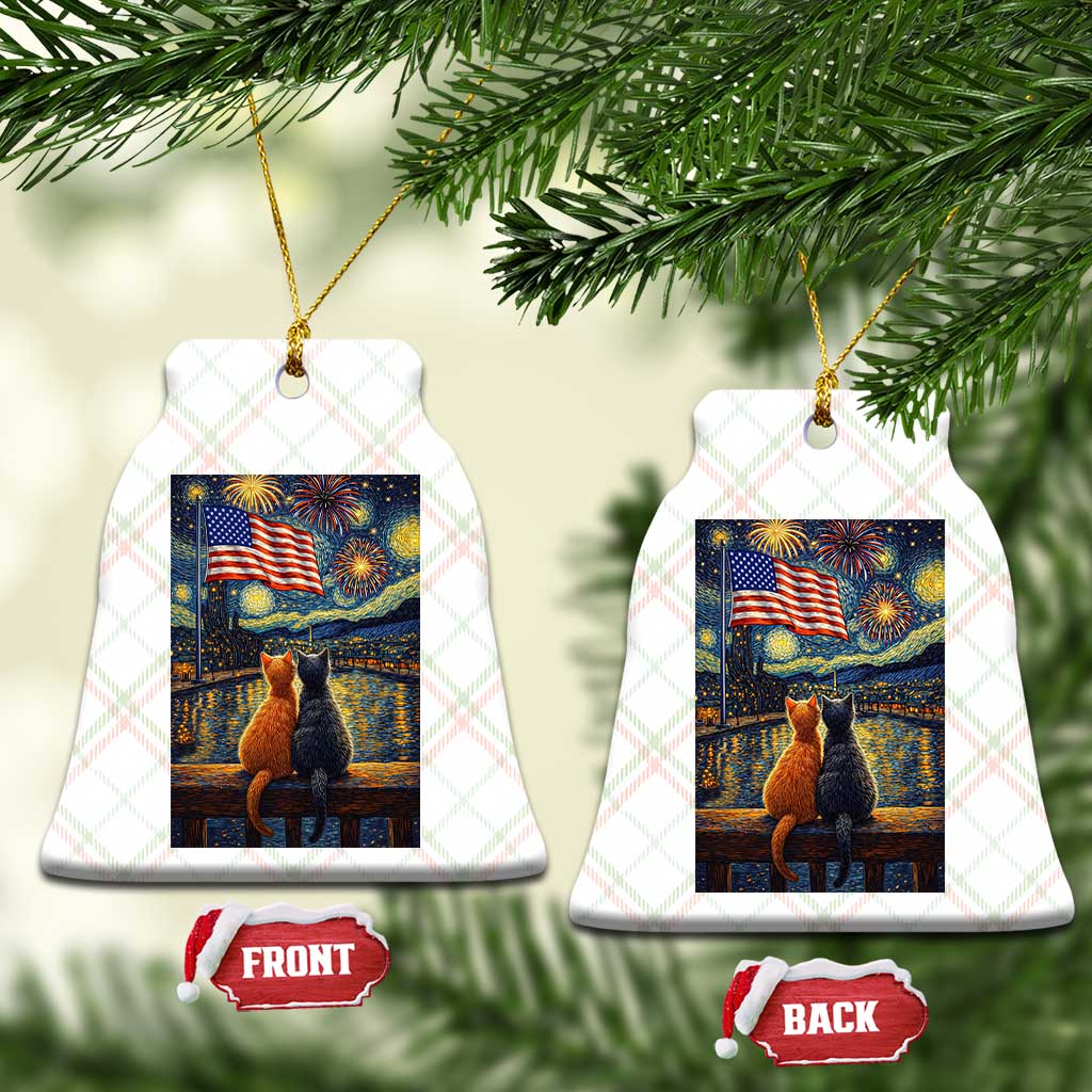 Starry Night Cat Patriotic American Pride Ceramic Ornament