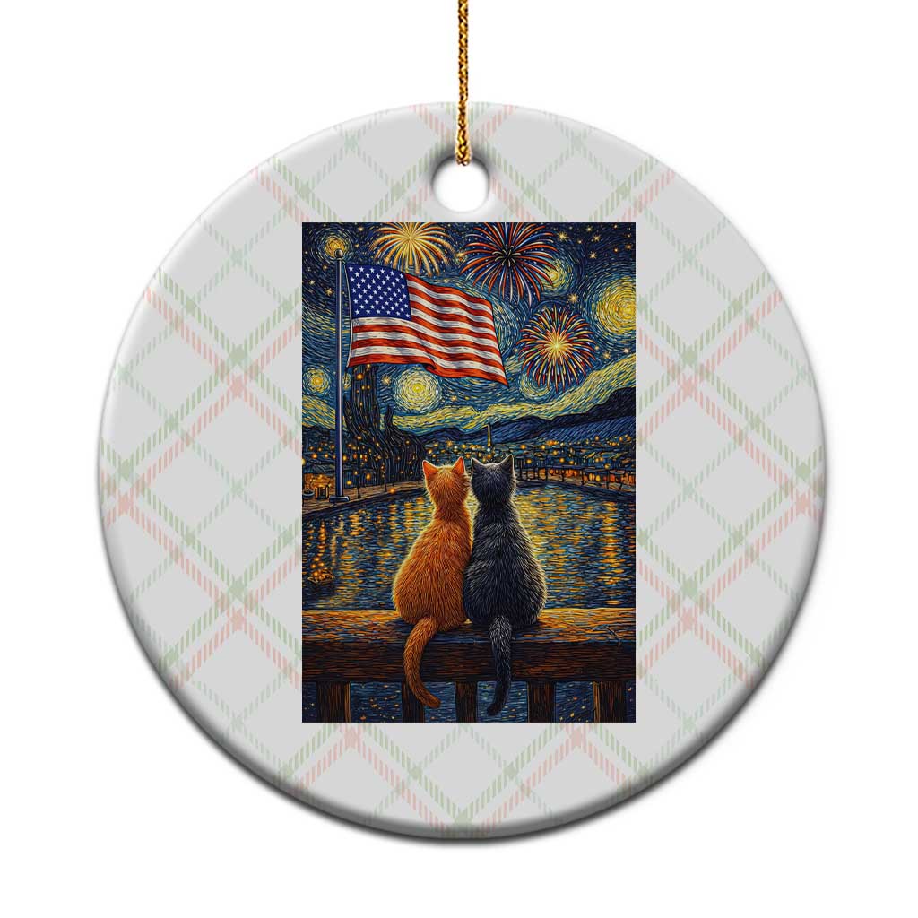 Starry Night Cat Patriotic American Pride Ceramic Ornament