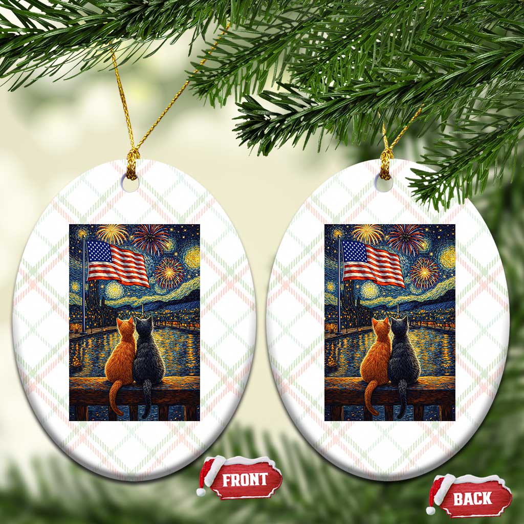 Starry Night Cat Patriotic American Pride Ceramic Ornament