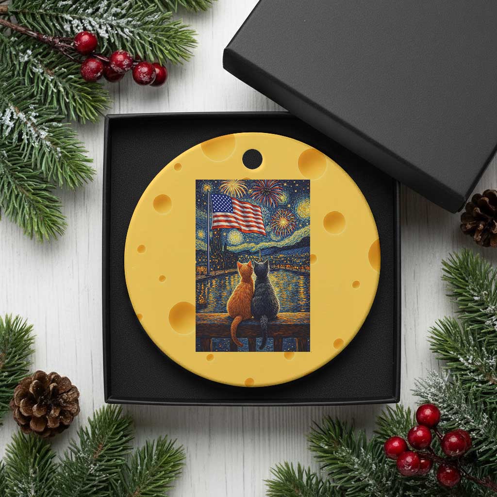 Starry Night Cat Patriotic American Pride Ceramic Ornament